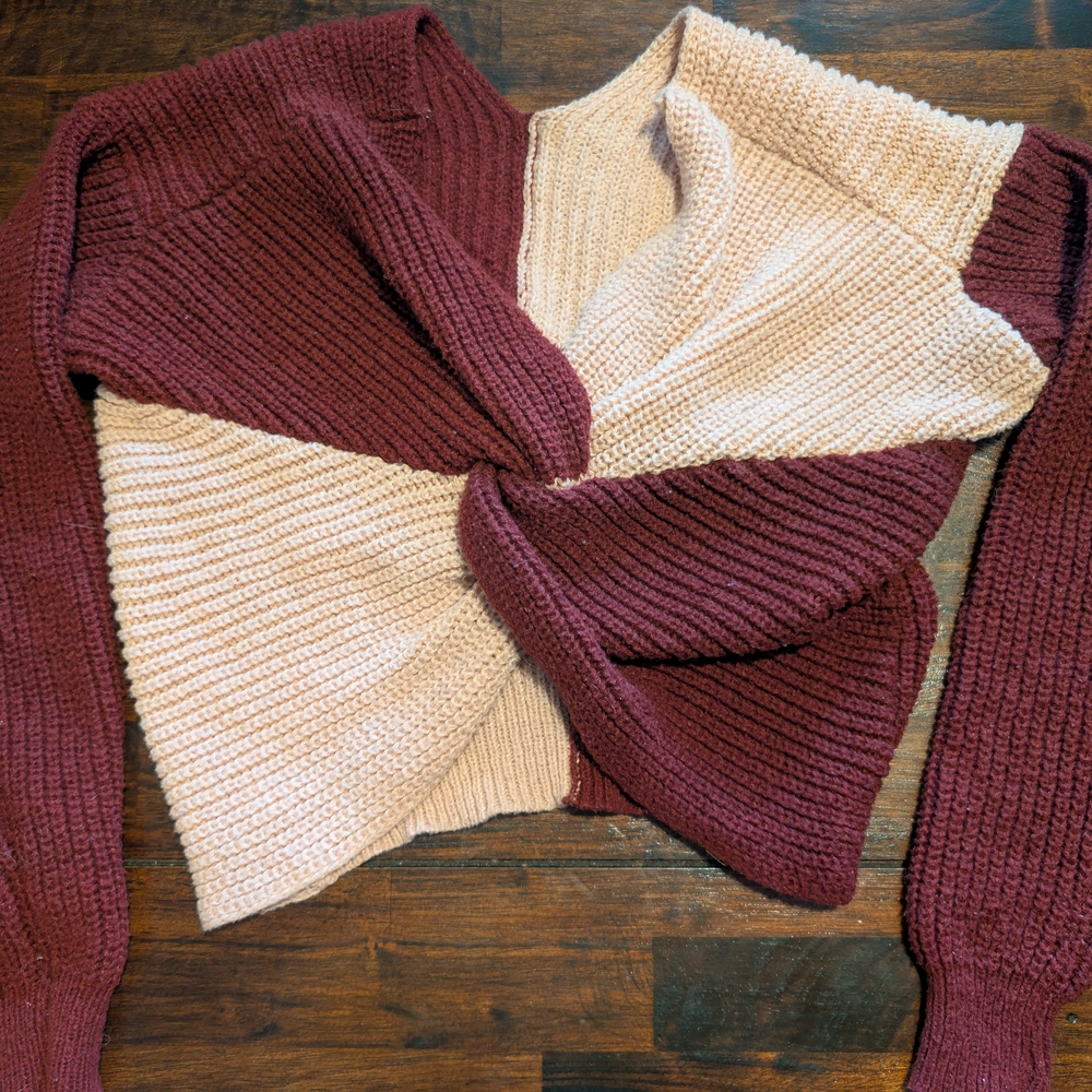 Colorblock Knit Sweater - Burgundy and Cream